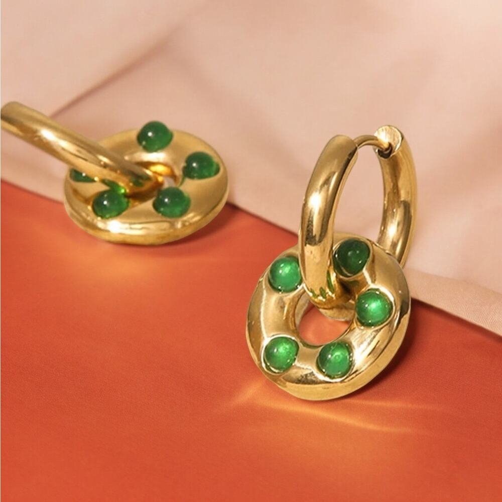NEW 14K yellow gold stainless steel faux green agate drop earrings jewelry B20 - Picture 8 of 10
